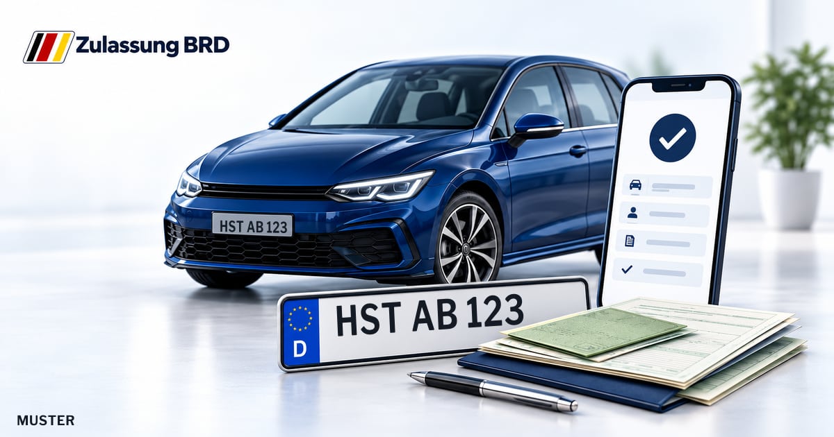 Online Fahrzeugzulassung in Stralsund: Musterkennzeichen HST AB 123, Auto und Fahrzeugpapiere und Smartphone. Illustration mit Logo von Zulassung BRD.